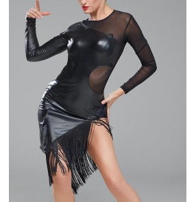 Black patent leather mesh fabric patchwork sexy fashion women's ladies fringes performance competition latin salsa cha cha dance dresses