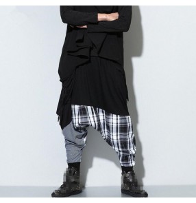 Black plaid patchwork fashion women's casual hip hop street performance dance baggy drop crotch sweatpants  harem pants