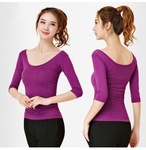 Black purple half sleeves round neck competition modern dance women's ladies gymnastics pratice ballet latin dance tops blouses