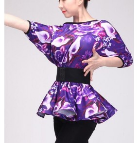 Black purple violet batwing sleeves women's ladies competition ballroom latin salsa cha cha dance tops 