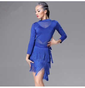 Black purple violet royal blue long sleeves leotards tops women's ladies competition latin salsa  ballroom dance dresses outfits