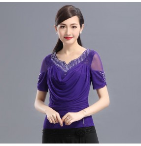 Black purple violet short sleeves lace rhinestones competition professional women's salsa latin ballroom dance tops shirts