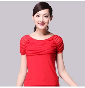 Black red bowl neck short sleeves competition gymnastics practice women's ladies girls salsa samba cha cha dance tops shirts