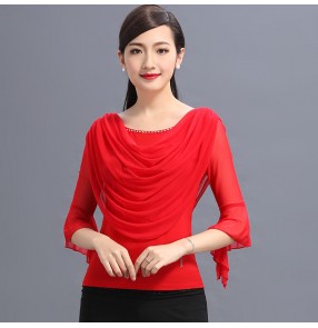 Black red draped front cowl neck competition rhinestones long sleeves women's female ballroom latin dance tops 