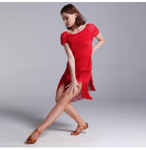 Black red fringes short sleeves competition women'a ladies performance salsa latin samba rumba dance dresses 