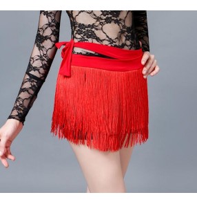 Black red fringes tassels competition performance women's ladies triangle latin salsa cha cha wrap hip scarf dancing skirts 