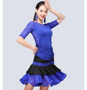 Black red fuchsia royal blue violet patchwork lace rhinestones competition performance women's latin salsa dance dresses outfits