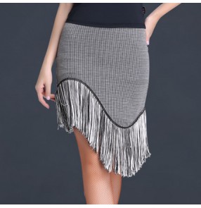 Black red gray plaid printed fringes irregular fringes hem girls women's competition latin salsa cha cha dance skirts 