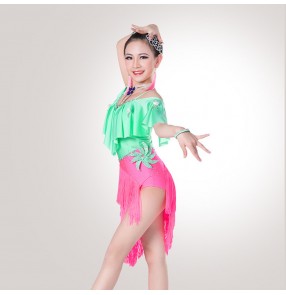 Black red green fuchsia violet white fringes rhinestones competition performance professional girls kids children latin dance dresses