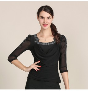 Black red half sleeves rhinestones square neck women's female competition professional ballroom latin dance tops blouses