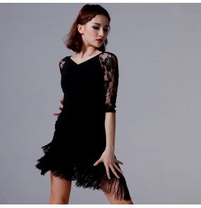 Black red lace microfiber spandex patchwork women's ladies female middle long sleeves competition stage performance latin cha cha salsa dance dresses outfits