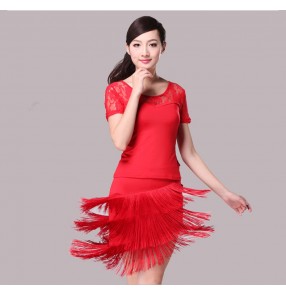 Black red lace patchwork fringes tassels girls women's competition performance rumba samba salsa latin dance dresses sets