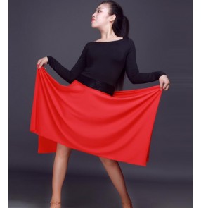 Black red lace patchwork long sleeves irregular hem skirt women's ladies female competition performance latin salsa cha dance dresses outfits costumes