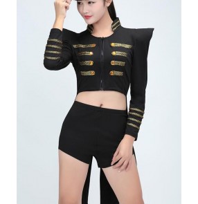 Black red long sleeves women's ladies competition jazz singer magician modern dance hip hop night club bar dancing tuxedo coats shorts outfits