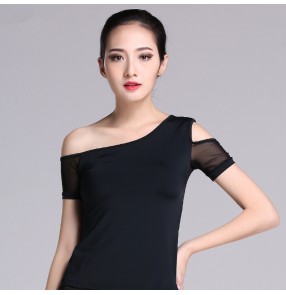 Black red one inclined hollow shoulder short sleeves girls women's competition performance exercises latin salsa dance tops