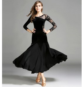 Black red one lace long sleeves sexy fashion velvet women's ballroom dancing leotards tops and skirt outfits long dresses 