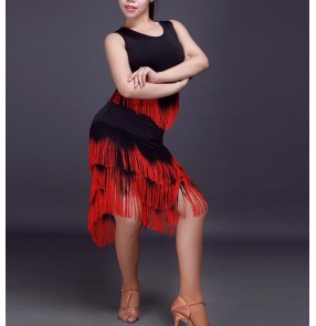 Black red patchwork gradient colored tank sleeveless competition performance women's latin salsa cha cha dance dresses outfits