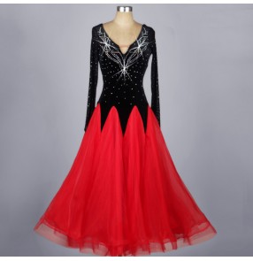 Black red patchwork long sleeves v neck rhinestones women's ladies competition stage performance ballroom tango waltz dancing dresses
