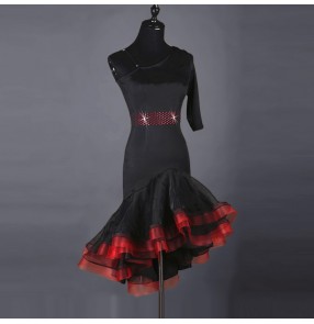 Black red patchwork one shoulder short sleeves competition women's ladies latin salsa dance dresses outfits