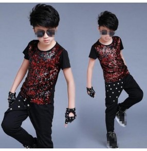 Black red patchwork sequins boys kids children short sleeves competition performance jazz singer ds drummer dancing tops t shirts harem pants