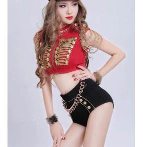 Black red patchwork with gold decor button vintage women's cos play party singer  dancers night club stage performance outfits costumes