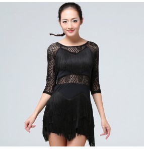 Black red purple lace patchwork see through sexy fashion women's ladies competition fringes tassels exercises latin salsa cha cha dance dresses 