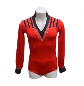 Black red rhinestones competition men's male v neck long sleeves competition latin ballroom dance leotards shirts tops