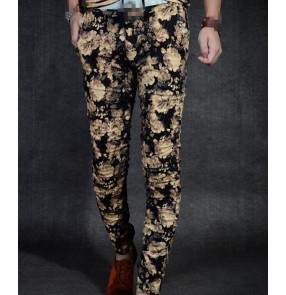 Black red rose floral printed fashion men's male jazz singer night club bar dj hot dance dancers performance pencil pants trousers