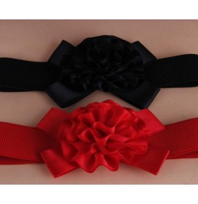 Black red rose flowers bowknot fashion women's girls latin dance dresses elastic sashes waistband belt 