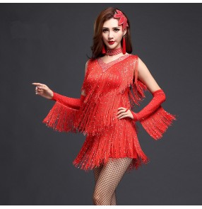 Black red royal blue fringes tassel sequins pailltte girls women's competition latin salsa dance dresses outfits