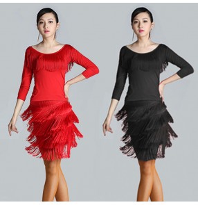 Black red royal blue layers tassels fashion women's girls half sleeves exercises performance latin salsa cha cha dance dresses outfits