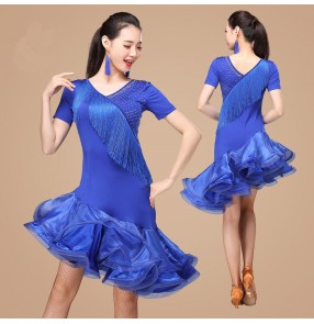 Black red royal blue purple violet fringes tassels short sleeves competition performance women's adult latin salsa dance dresses outfits 