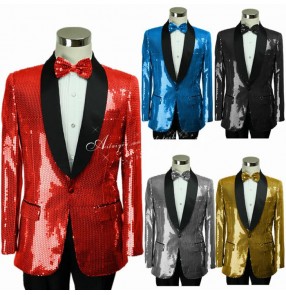Black red royal blue turquoise  gold long sleeves lapel black patchwork collar sequins glitter paillette  men's male party cos play stage performance jazz ds singer dancing blazers and pants outfits 
