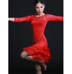 Black red sequins glitter shiny fringes tassels competition performance latin salsa dance dresses costumes