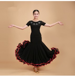 Black red short sleeves length women's girls performance competition ballroom tango waltz dance dresses