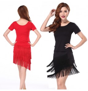 Black red short sleeves tassels fringes competition girls women's salsa cha cha rumba samba latin dance dresses