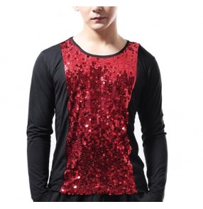 Black red silver patchwork sequins glitter men's jazz punk pole dance stage performance singer dancers hip hop dance tops t shirts