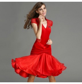 Black red velvet mesh patchwork v neck leotards tops short sleeves mermaid skirts women's competition latin salsa dance outfits dresses