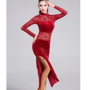 Black red velvet side split lace patchwork see through sexy women's ladies competition latin salsa cha cha dance dresses