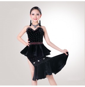 Black red velvet trimmed lace rhinestones fashion school competition girls kids children performance latin salsa cha cha dance dresses