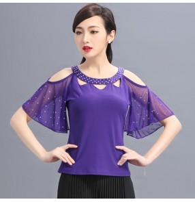 Black red violet hollow neck rhinestones flare short sleeves competition women's girls latin ballroom dance tops 