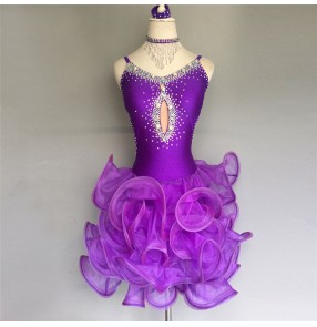 Black red violet purple backless rhinestones competition performance girls women's ladies latin dance dresses costumes