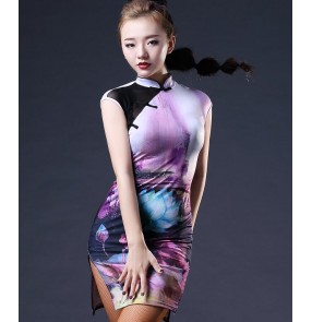 Black red violet purple printed fashion competition performance professional women's latin dance cheongsam dresses outfits costumes