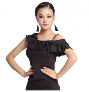 Black red wine red royal blue fuchsia one inclined shoulder ruffles neck women's adult latin ballroom dance tops 
