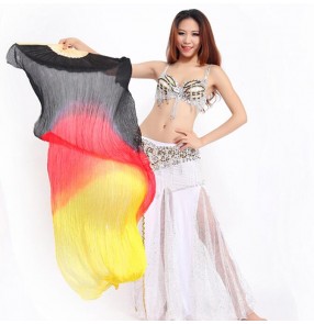 Black red yellow gold gradient colored Mulberry silk long length women's ladies belly dance accessories fans 1.8m