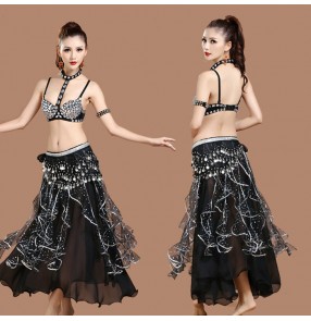 Black rhinestones bra coins hip scarf long skirts women's ladies sexy fashion competition indian Egypt belly dance costumes outfits