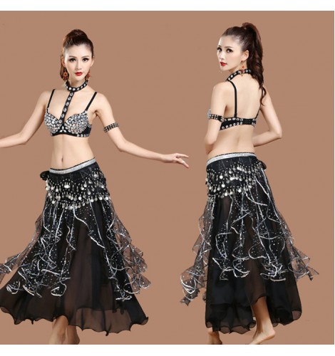 Black rhinestones bra coins hip scarf long skirts women's ladies sexy  fashion competition indian Egypt belly dance costumes outfits