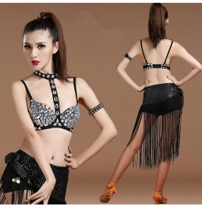 Black rhinestones neck choker bra  with shorts hip scarf sexy fashion women's girls jazz singer ds pole night club dance costumes outfits