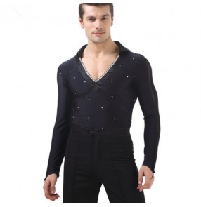 Black rhinestones v neck long sleeves competition performance tango waltz ballroom latin dance leotard shirts tops 