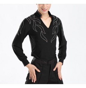 Black rhinestones v neck long sleeves men's male competition performance professional ballroom latin dance shirts tops